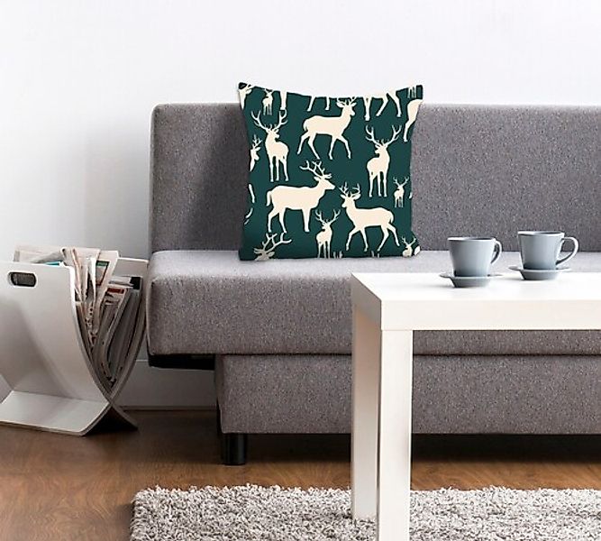 queence Dekokissen »Ross«, Kissenhülle,Hirsche,Grün,Beige,Natur,Wald,Tiere, günstig online kaufen