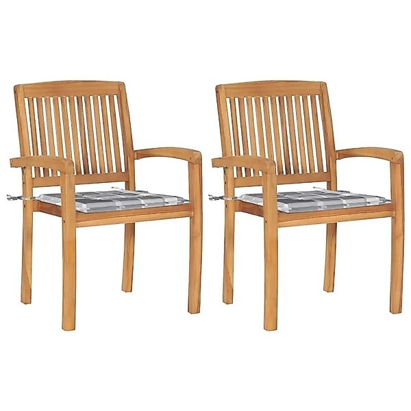 vidaXL Gartenstühle 2 Stk Graue Karomuster Kissen Massivholz Teak 3063266 günstig online kaufen