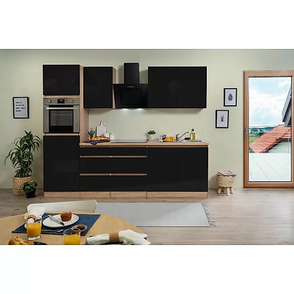 Respekta Küchenzeile GLRP270HESS Grifflos  270 cm Schwarz Hochglanz-Sonoma günstig online kaufen