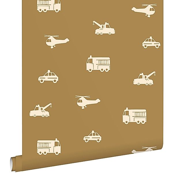ESTAhome Tapete Autos Löschfahrzeuge Hubschrauber und Kräne Ockergelb 50 x günstig online kaufen