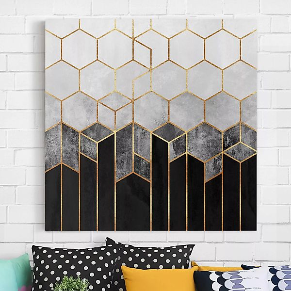 Leinwandbild Abstrakt - Quadrat Goldene Sechsecke Schwarz Weiß günstig online kaufen