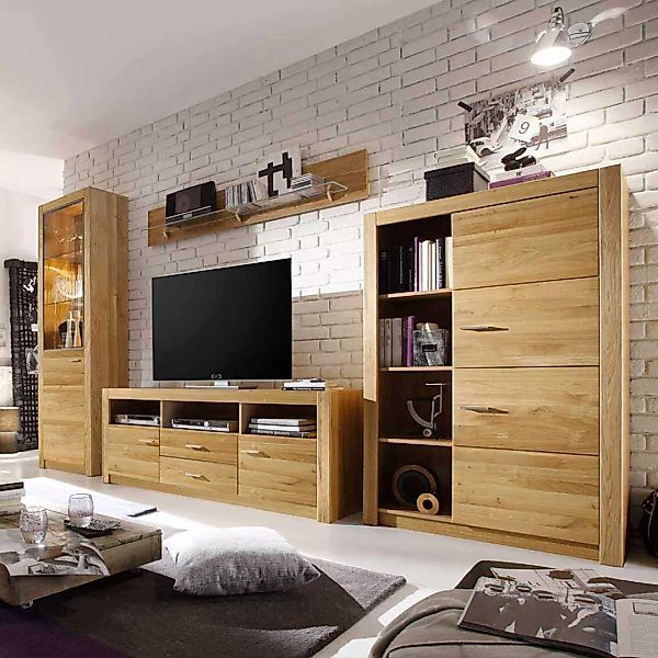 Wohnzimmer Schrankwand aus Asteiche teilmassiv geölt 200 cm hoch (vierteili günstig online kaufen