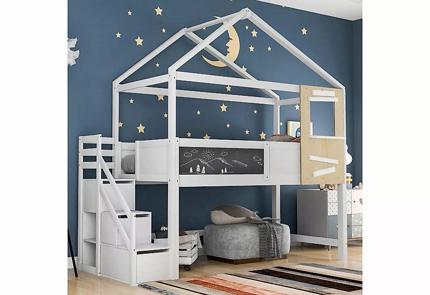 Flieks Hochbett Kinderbett mit Treppe und 3 Schubladen 200x90cm Kiefernholz günstig online kaufen