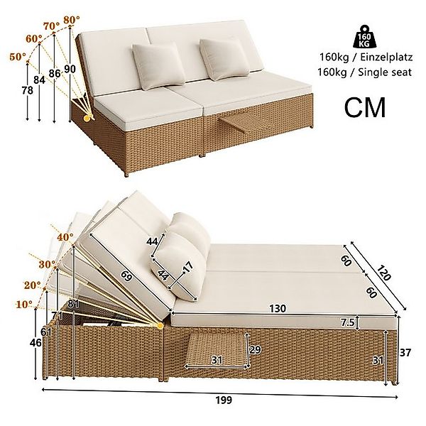 Celya Sofa Outdoor Gartenliege Doppelbett mit verstellbarer Rückenlehne, Ra günstig online kaufen