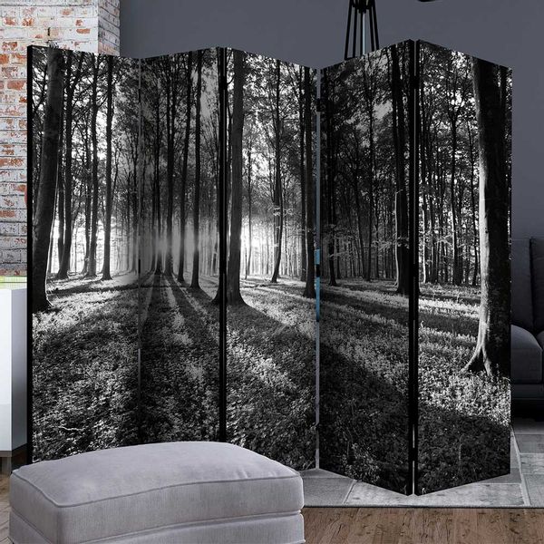 Waldmotiv Paravent in Grautönen Leinwand Füllung günstig online kaufen
