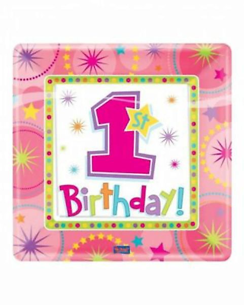 1. Geburtstags Teller aus Pappe 18 x 18 cm Partydeko rosa günstig online kaufen