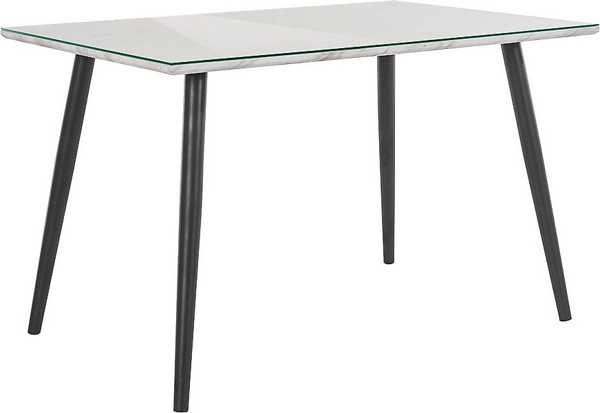 loft24 Esstisch Manny, in Marmoroptik mit Glasplatte, Metallgestell schwarz günstig online kaufen