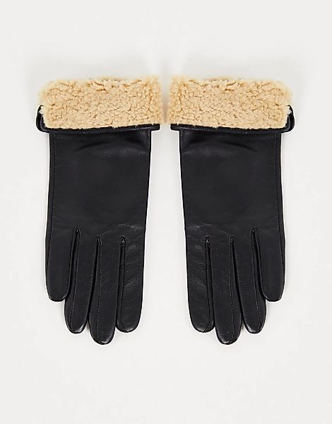 ASOS DESIGN – Lederhandschuhe mit Touchscreen-Fingerspitzen und Teddyfell-U günstig online kaufen
