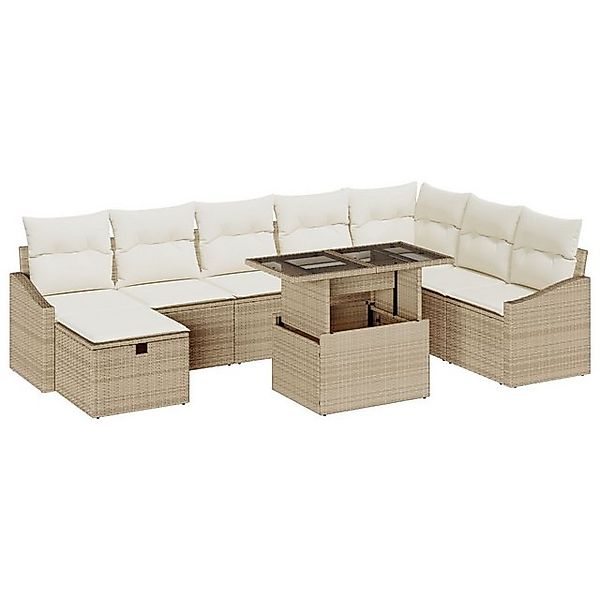 vidaXL Loungesofa 9-teiliges Garten Sofa Set mit Kissen Beige Poly Rattan, günstig online kaufen