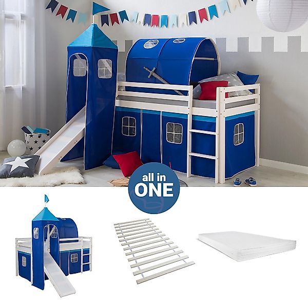 Homestyle4u Hochbett 90x200 mit Vorhang Lattenrost Matratze Rutsche Tunnel günstig online kaufen
