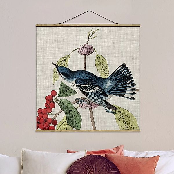 Stoffbild Blumen mit Posterleisten - Quadrat Vogel auf Leinen Rosa II günstig online kaufen