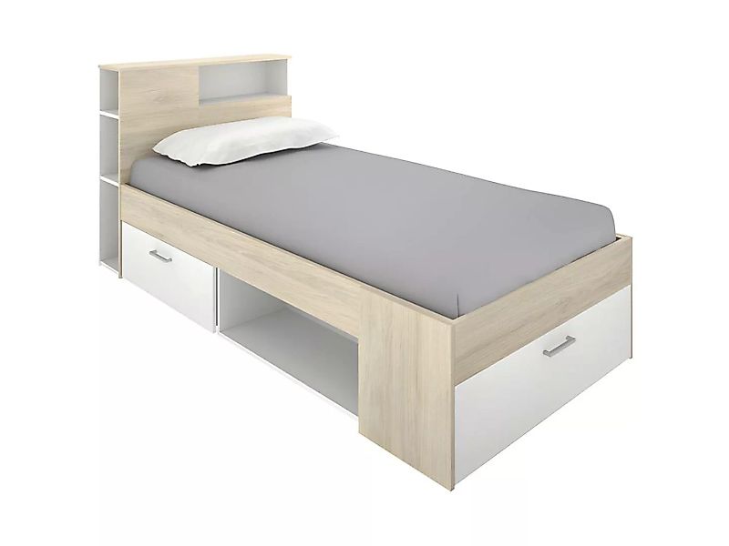 Bett mit Kopfteil, Stauraum & Schublade - 90 x 190 cm - Weiß & Naturfarben günstig online kaufen