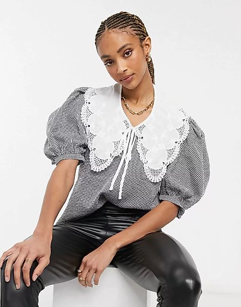 Object – Bluse mit Vichykaros mit Oversize-Kragen und Puffärmeln-Mehrfarbig günstig online kaufen