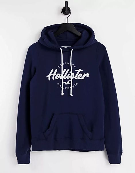 Hollister – Kapuzenpullover in Navy mit Logo-Marineblau günstig online kaufen
