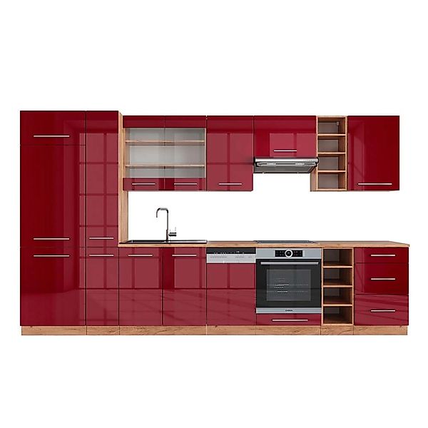 Vicco Fame-Line Küchenzeile Bordeaux Hochglanz/Goldkraft Eiche 355 cm AP Ei günstig online kaufen