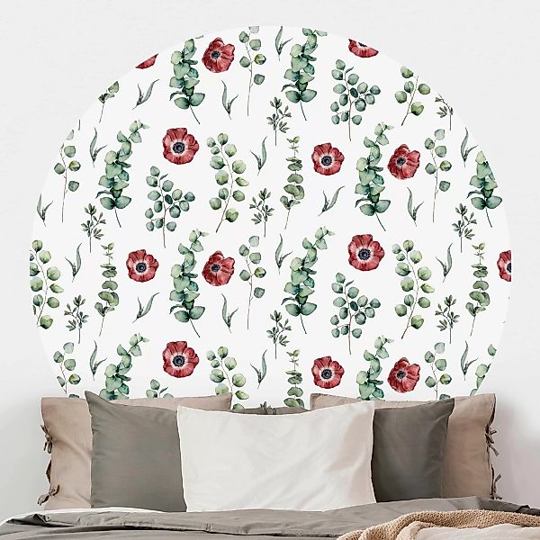 Runde Tapete selbstklebend Aquarell Muster Eukalyptus und Blüten günstig online kaufen