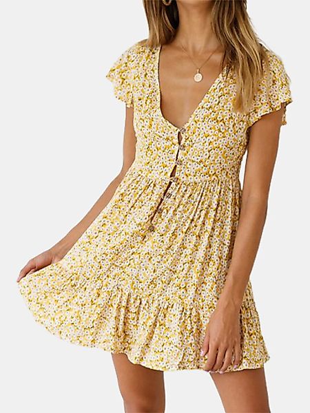 Blumendruck-Kurzarmknopf Mini Kleid für Damen günstig online kaufen
