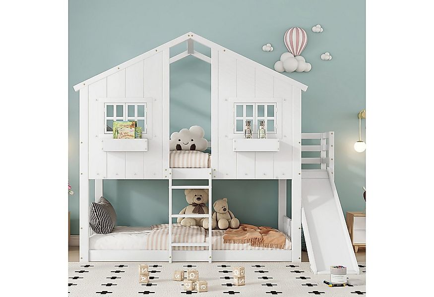 Flieks Etagenbett, Kinderbett Hausbett 90x200cm mit Rutsche, Leiter und obe günstig online kaufen