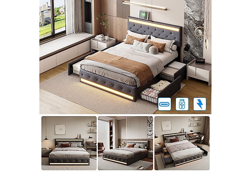PXloue Polsterbett Modernes Polsterbett mit LED-Beleuchtung, Bettgestell mi günstig online kaufen