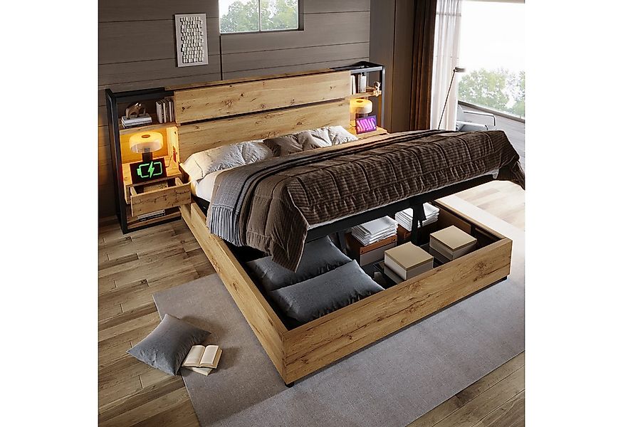 Flieks Holzbett, Hydraulisches Stauraumbett Schlafzimmerset 180x200cm mit U günstig online kaufen