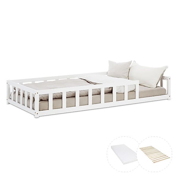 Homestyle4u Kinderbett Weiß mit Rausfallschutz 90x200 cm Bodenbett Lattenro günstig online kaufen
