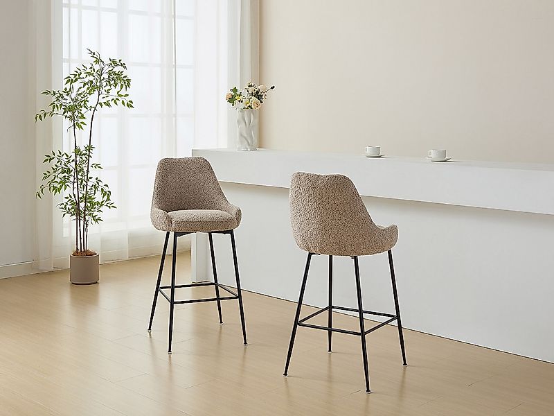 Barhocker 2er-Set - Bouclé-Stoff & schwarzes Metall - Taupe - TOYBA von Pas günstig online kaufen