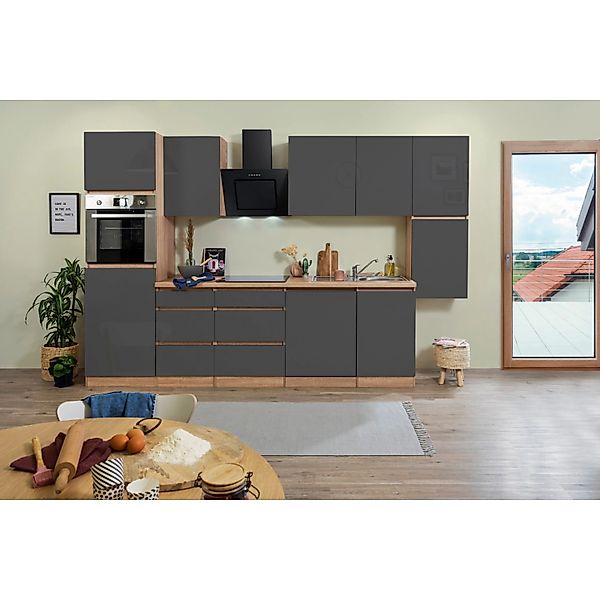 Respekta Küchenzeile ohne E-Geräte 330 cm Grifflos Grau Hochglanz-Eiche Säg günstig online kaufen