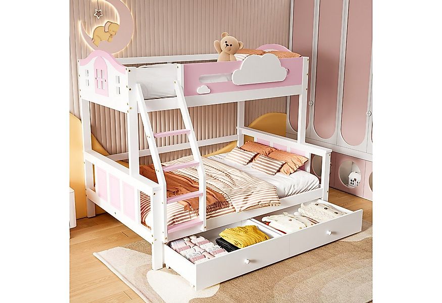 Flieks Etagenbett, Kinderbett 90x200cm+120x200cm mit 2 Schubladen und Schrä günstig online kaufen