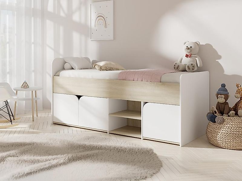 Bett 90 x 190 cm mit Stauraum - Farbe: Natur und Weiß + Lattenrost + Matrat günstig online kaufen