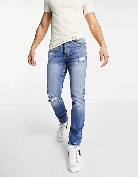 River Island – Schmale Jeans mit Zierrissen in Hellblau günstig online kaufen