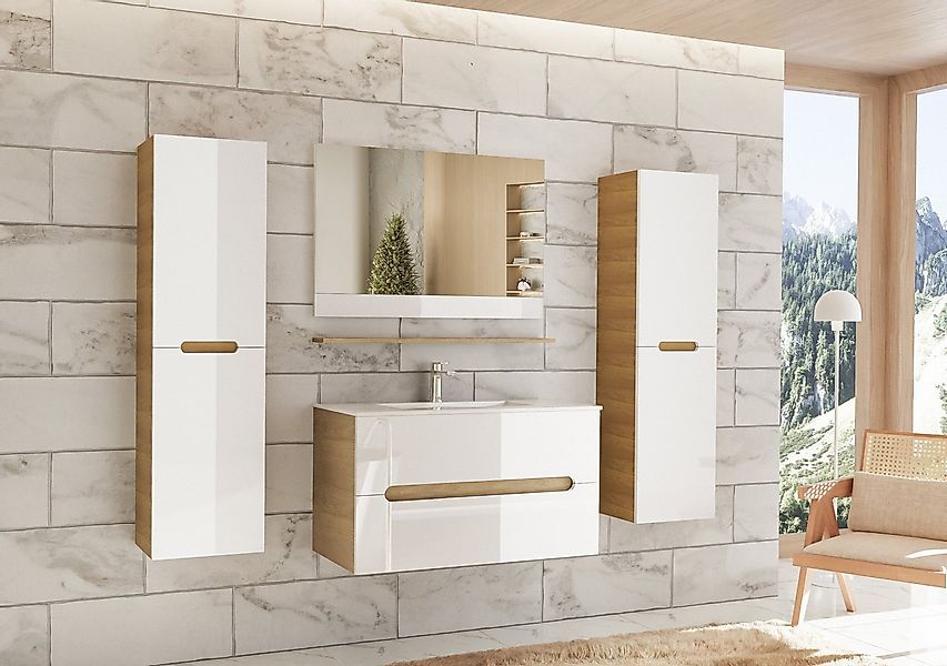 Faizee Möbel Badmöbel-Set Badmöbelset 90cm Hochglanz Weiß inkl. Waschbecken günstig online kaufen