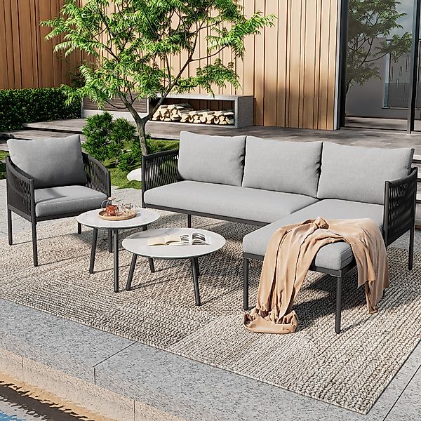 Flieks Gartenlounge-Set, 5-Sitzer Seil Gartenmöbel Ecksofa günstig online kaufen