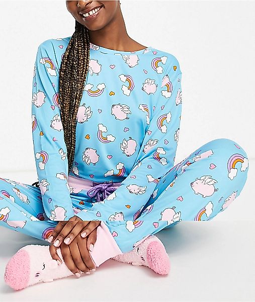 Chelsea Peers – Pyjama und Socken mit fliegende-Schweine-Muster im Schlafsa günstig online kaufen
