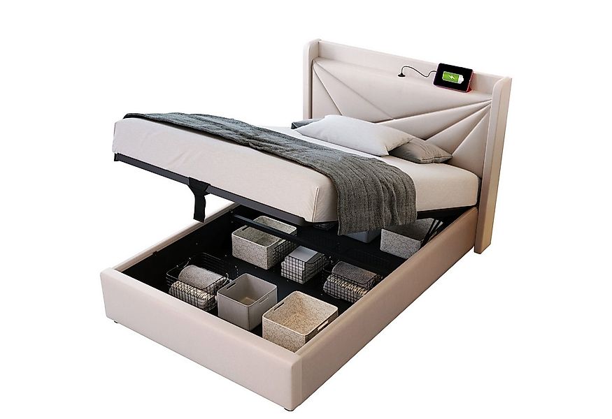 Flieks Polsterbett, Massivholz Stauraumbett mit USB/Typ-C Ladeanschluss 90x günstig online kaufen