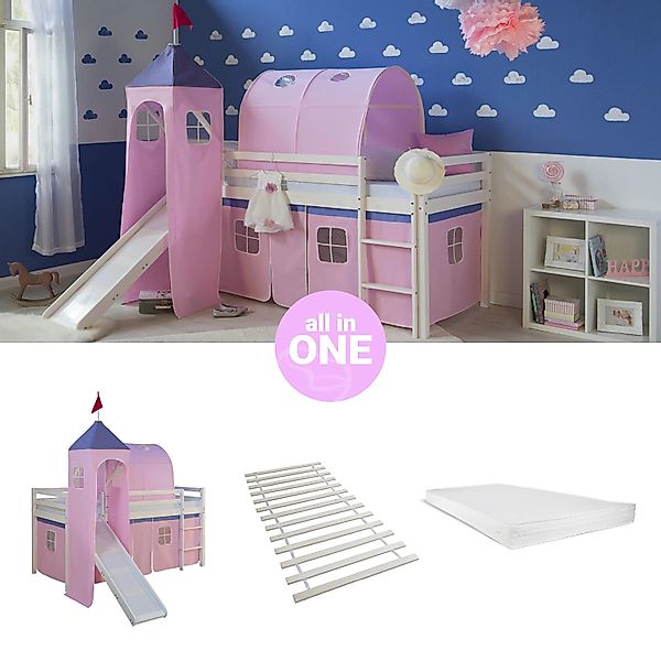 Homestyle4u Hochbett 90x200 mit Vorhang Lattenrost Matratze Rutsche Tunnel günstig online kaufen