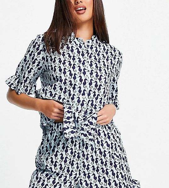 Y.A.S – Exklusives Pyjama-Set mit Oberteil und Shorts mit Seepferdchen-Prin günstig online kaufen