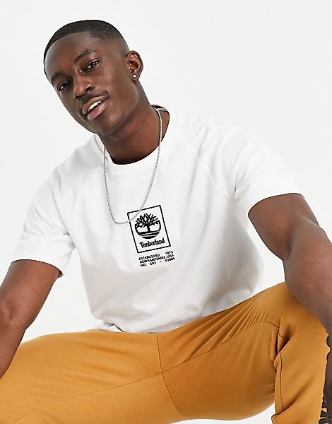 Timberland – Stack Logo – Schweres T-Shirt in Weiß günstig online kaufen
