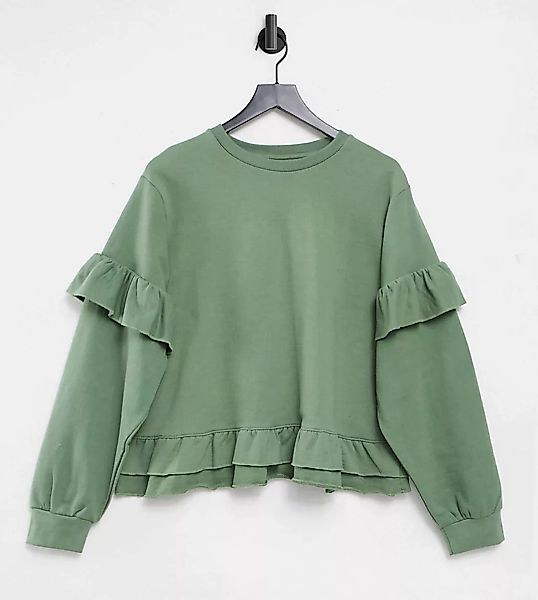 Influence Plus – Pullover mit Rüschensaum in sanftem Khaki, Kombiteil-Grün günstig online kaufen