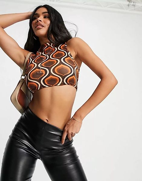 Fashionkilla – Ärmelloses Tanktop mit kurzem Schnitt und 70er-Jahre-Muster, günstig online kaufen