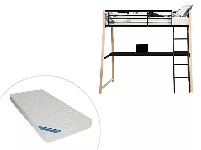 Set: Hochbett + Schreibtisch + Matratze - 90 x 190 cm - Schwarz & Eiche - M günstig online kaufen