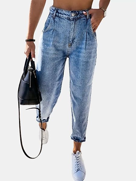 Einfarbige elastische Jeans mit hoher Taille und lässiger Jeans für Damen günstig online kaufen