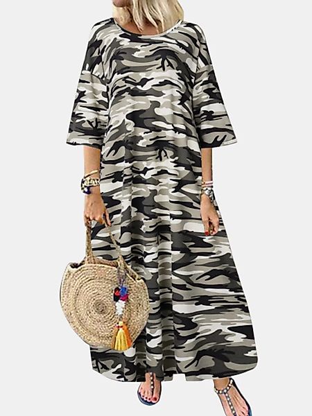 Camouflage Print O-Ausschnitt Halbarm Casual Loose Kleid günstig online kaufen
