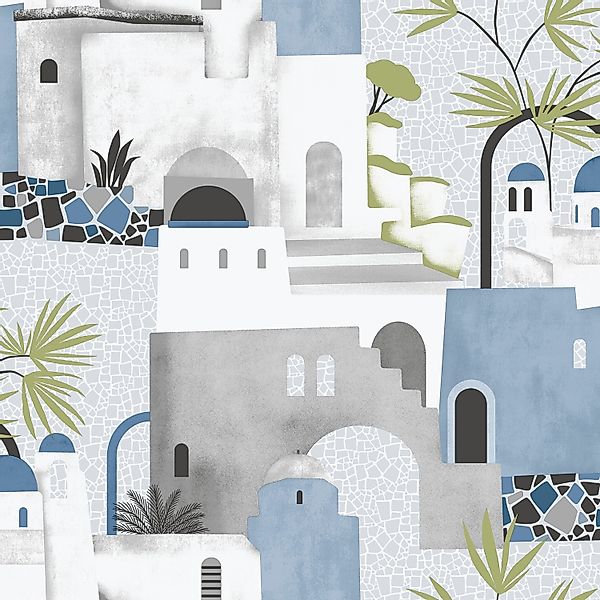 Sanders & Sanders Tapete Mediterrane Häuser Blau Grau Und Weiß 53 Cm X 10 M günstig online kaufen