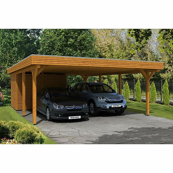 Skan Holz Carport Spessart 611 cm x 846 cm mit Abstellraum Eiche hell günstig online kaufen