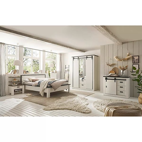 Schlafzimmer Set 5-teilig Bett 140x200cm in Pinie weiß mit anthrazit günstig online kaufen