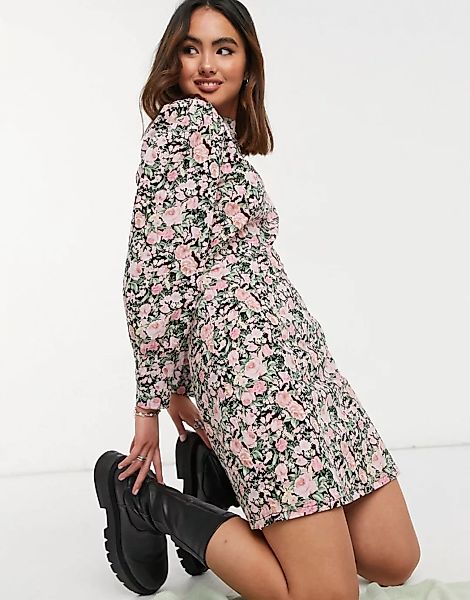 Only – Hochgeschlossenes Minikleid mit Puffärmeln und rosafarbenem Blumenmu günstig online kaufen
