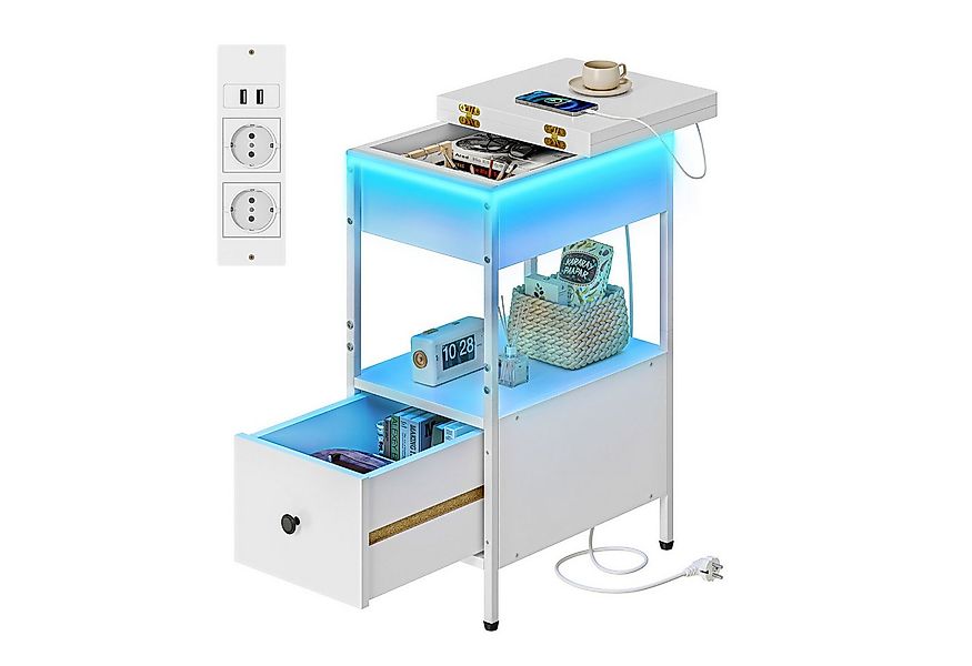 YOLEO Nachttisch Beistelltisch mit Steckdosen, LED Nachttisch mit Schublade günstig online kaufen