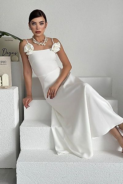 WOMAN VISION Minikleid Weißes Satin-Bandeau-Maxikleid mit Rosenakzenten günstig online kaufen