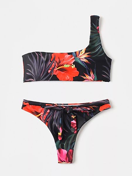 Damen One Schulter mit Blumenmuster Krawatte vorne Tanga Bikinis Badeanzug günstig online kaufen