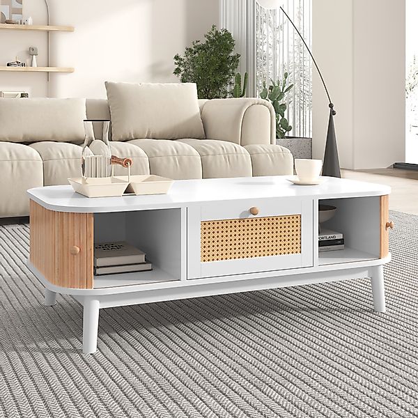 Couchtisch Rattan 110x55 cm mit Schubladen, Rustikaler Design, Massivholzbe günstig online kaufen
